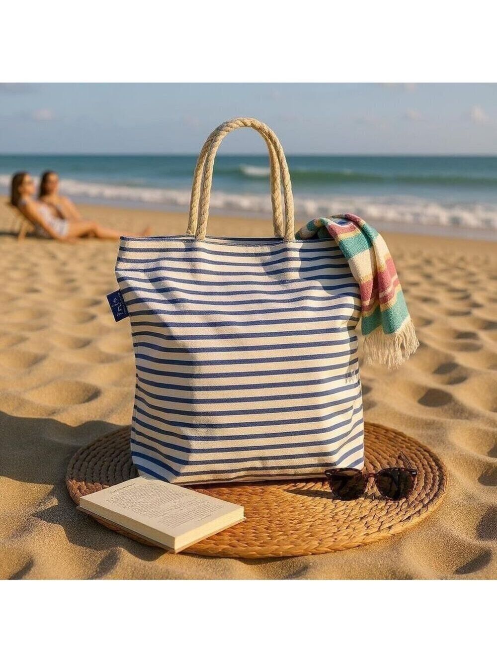 Inis Nautical Striped Canvas Tote Bag Blue White Rope Handles 15x17